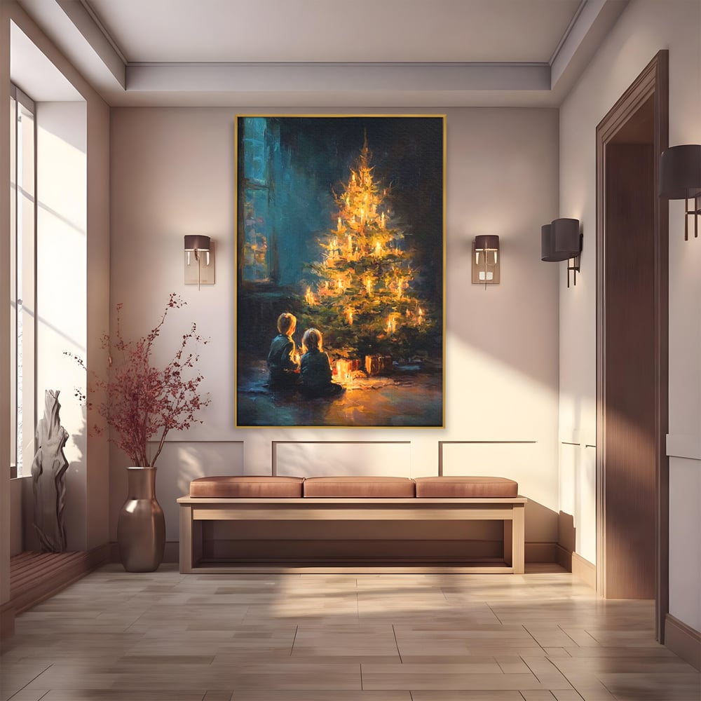 Tablou canvas cu pictura copii brad de craciun, in rama de aluminiu auriu